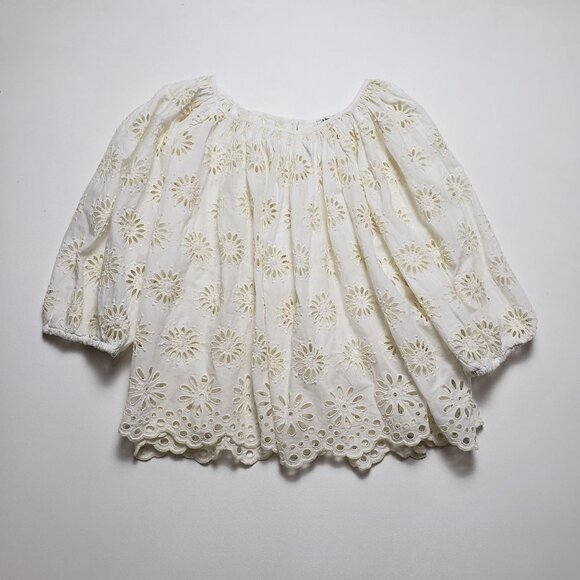 Madewell Embroidered Shirred Puff-Sleeve Top Women's Large Ivory Floral Eyelet - Picture 4 of 16